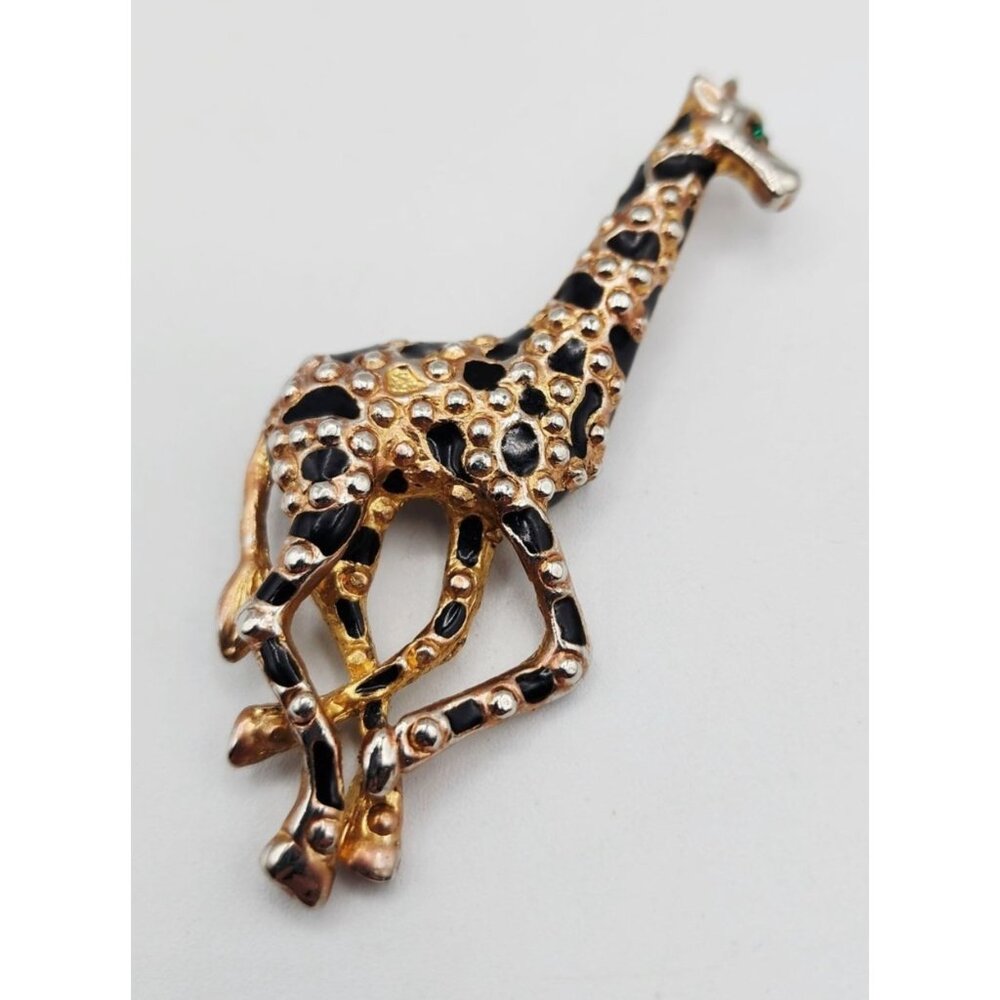 Gold-tone Black enamel Giraffe brooch pin 3 1/4"